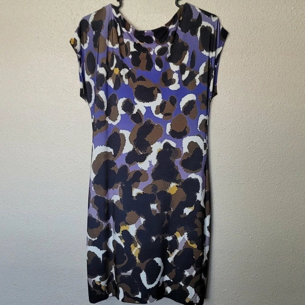 Trina Turk ♡ Breene Dress Size 2 Lapis Purple Black Print Knit Cap Sleeve Shif - Picture 6 of 10